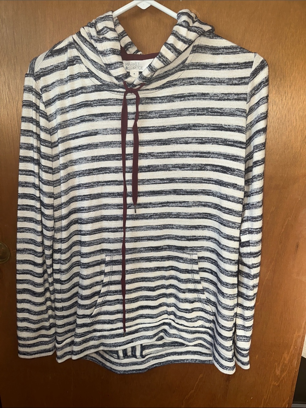 Market & Spruce Navy and White Striped Crewneck with Maroon Drawcord